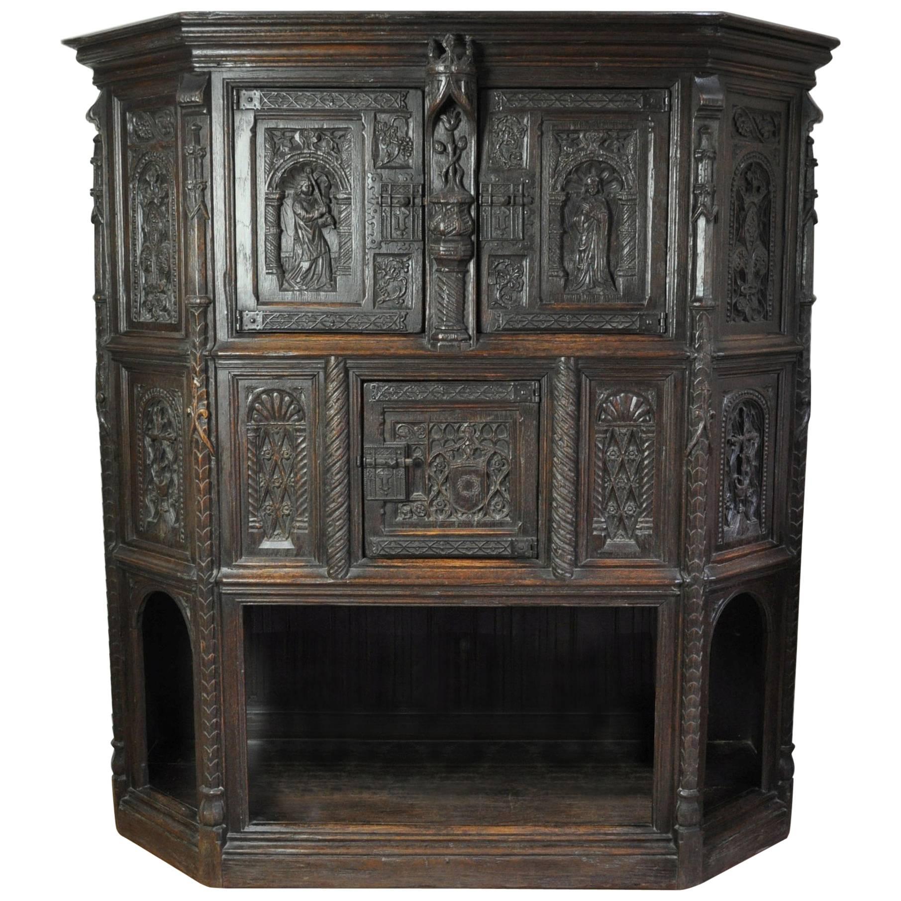 17th Century Carved Oak Credence Cupboard For Sale