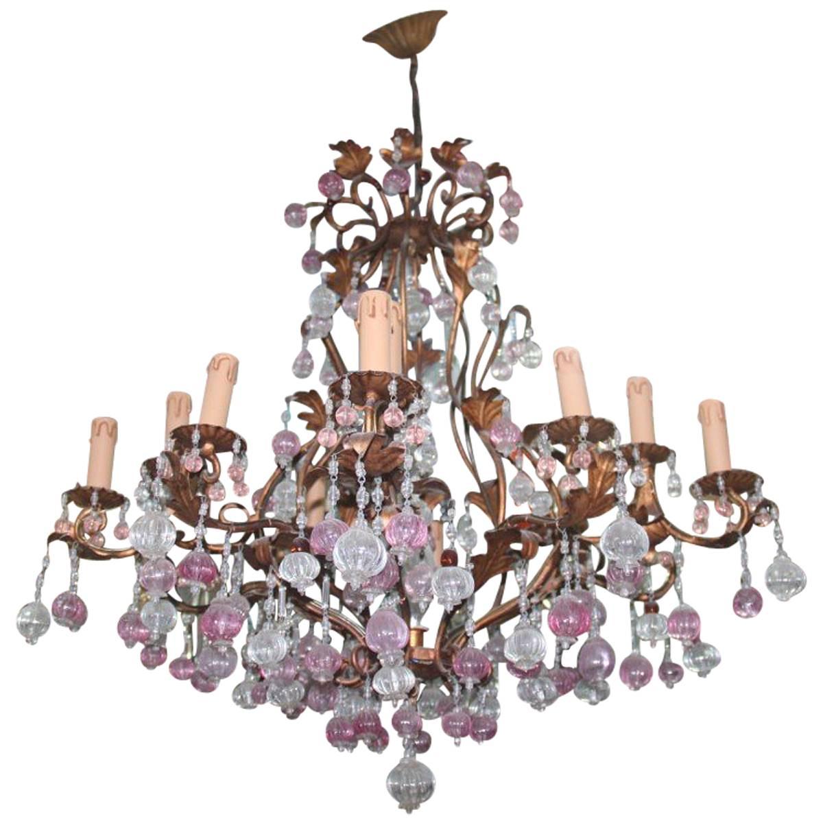 Large Chandelier in Gilded Metal Structure with Murano Glass, 1950s For Sale