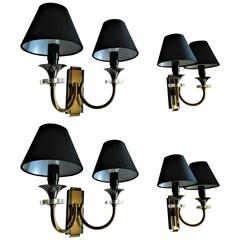 Four Pairs of 2 arm French Gilt Bronze Sconces by Maison Jansen, 1950's 5