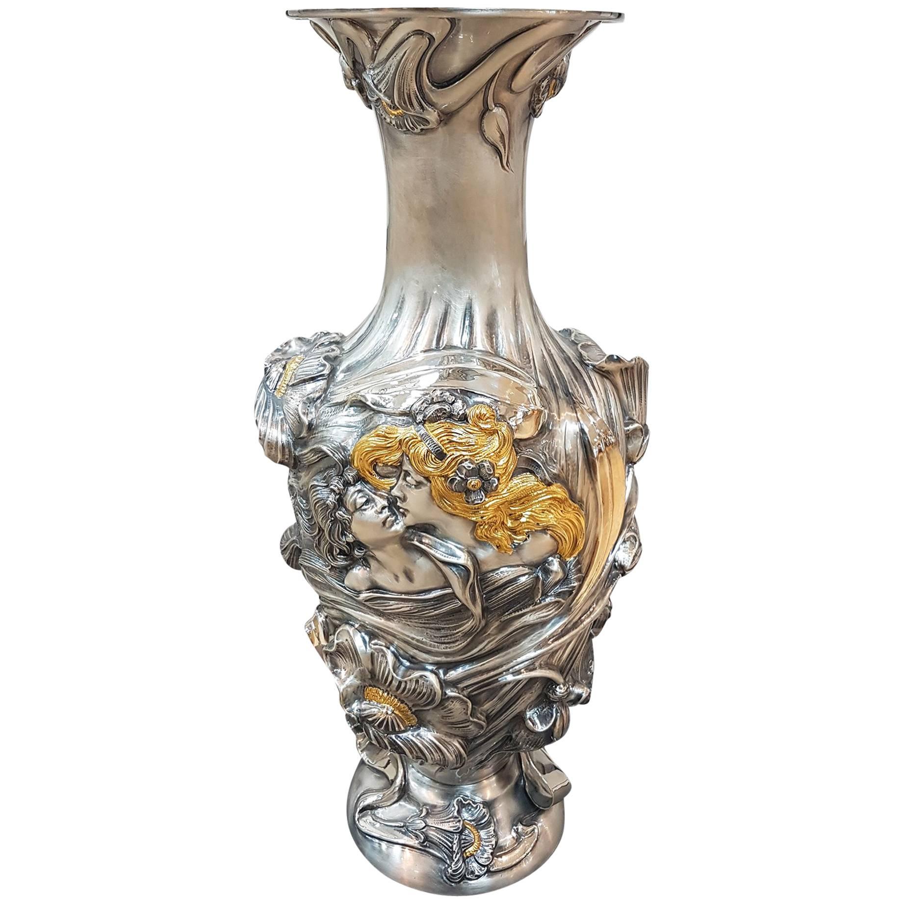 20th Century Art Nouveau Revival Italian Sterling Silver Vase 