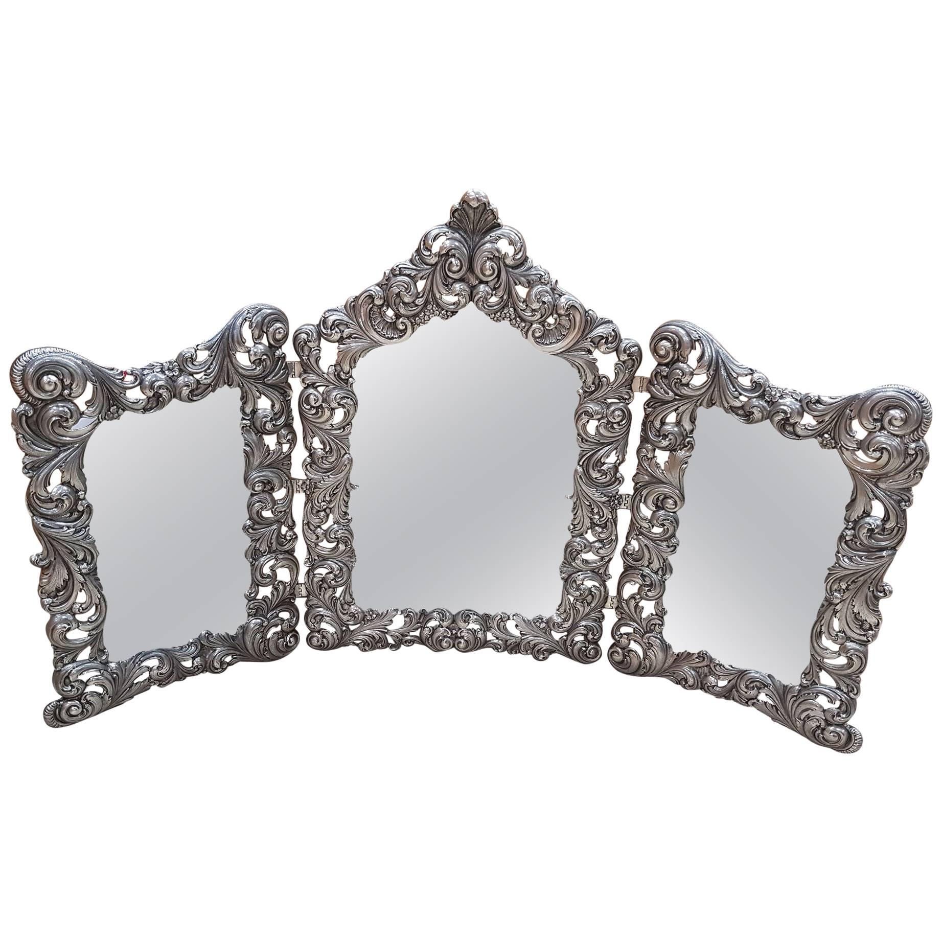 20th Century Italian Sterling Silver Handmade Triptych Mirror Baroque revival For Sale