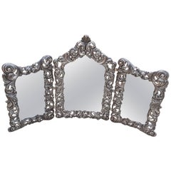 Triptyque miroir italien du 20ème siècle en argent sterling fait à la main, style néo-baroque