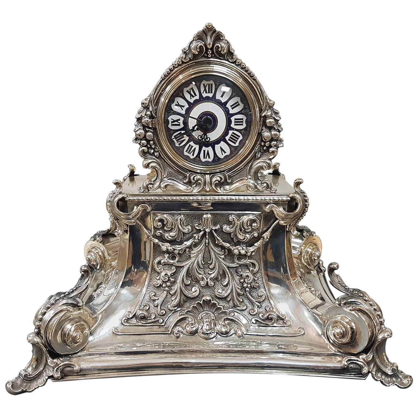 20th Century Italian Silver Table Clock Barocco revival 