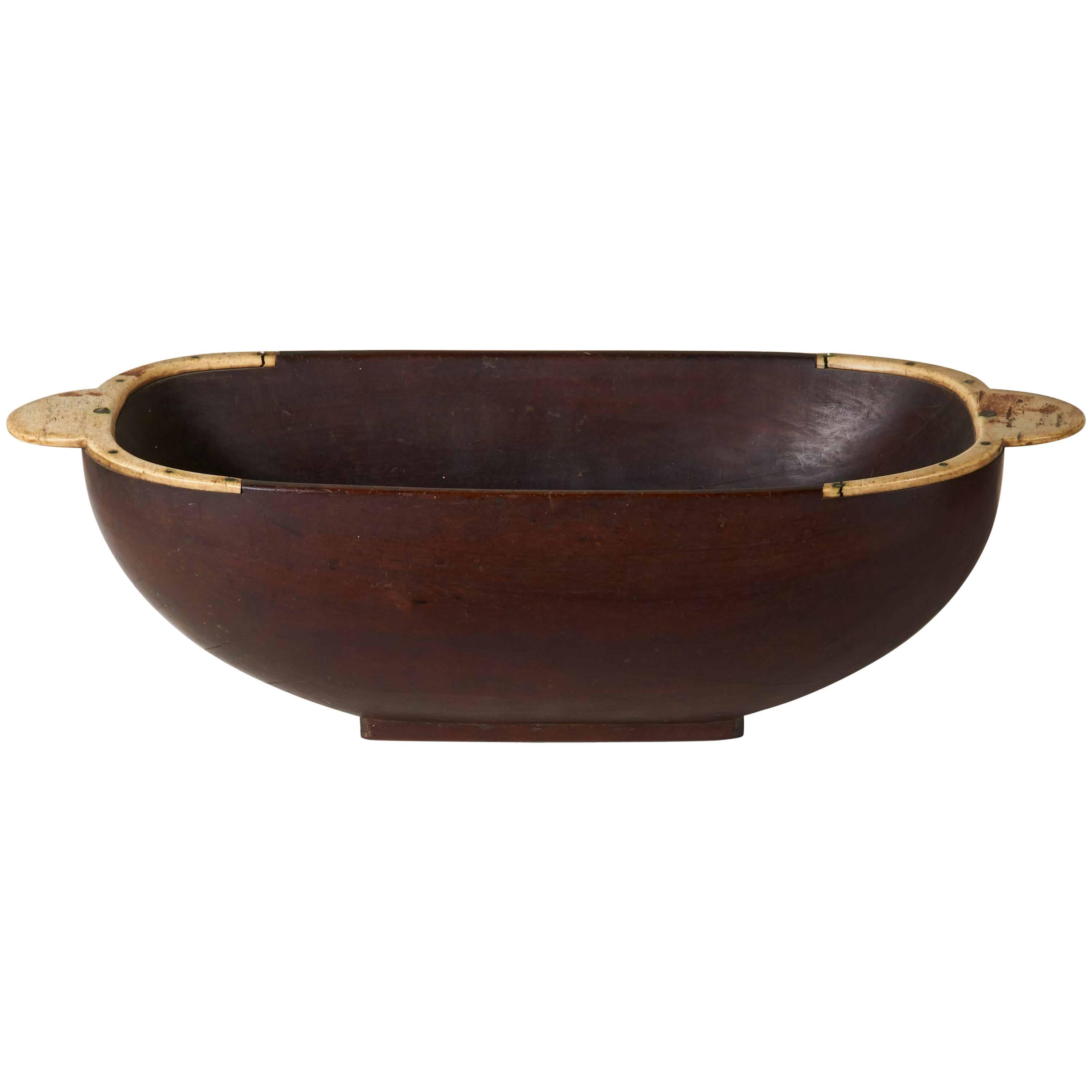 Sailor-Made Carved Hardwood Bowl with Bone Handles For Sale