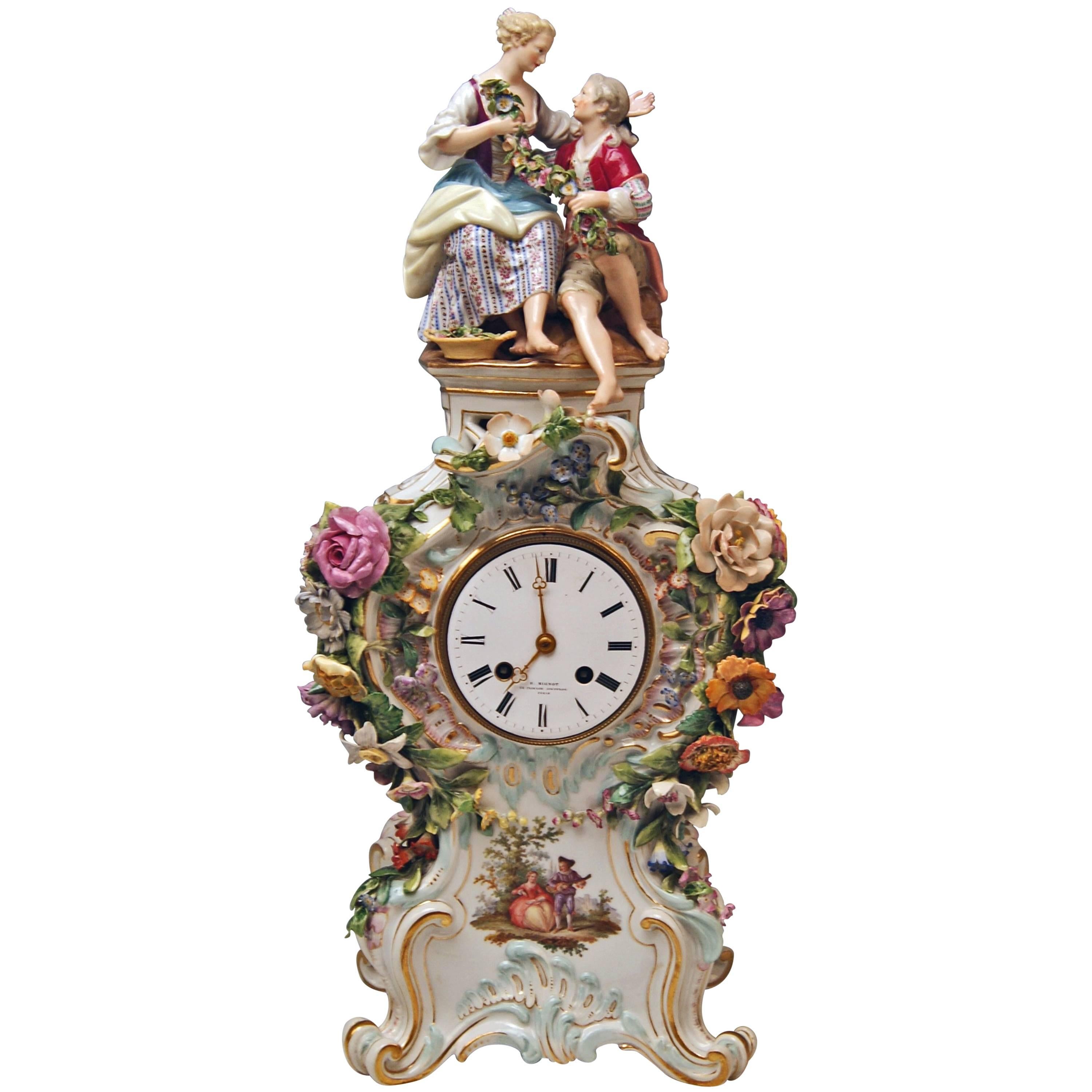 Meissen Mantle Table Clock Figurines Flowers Enamel Clockface made circa 1860