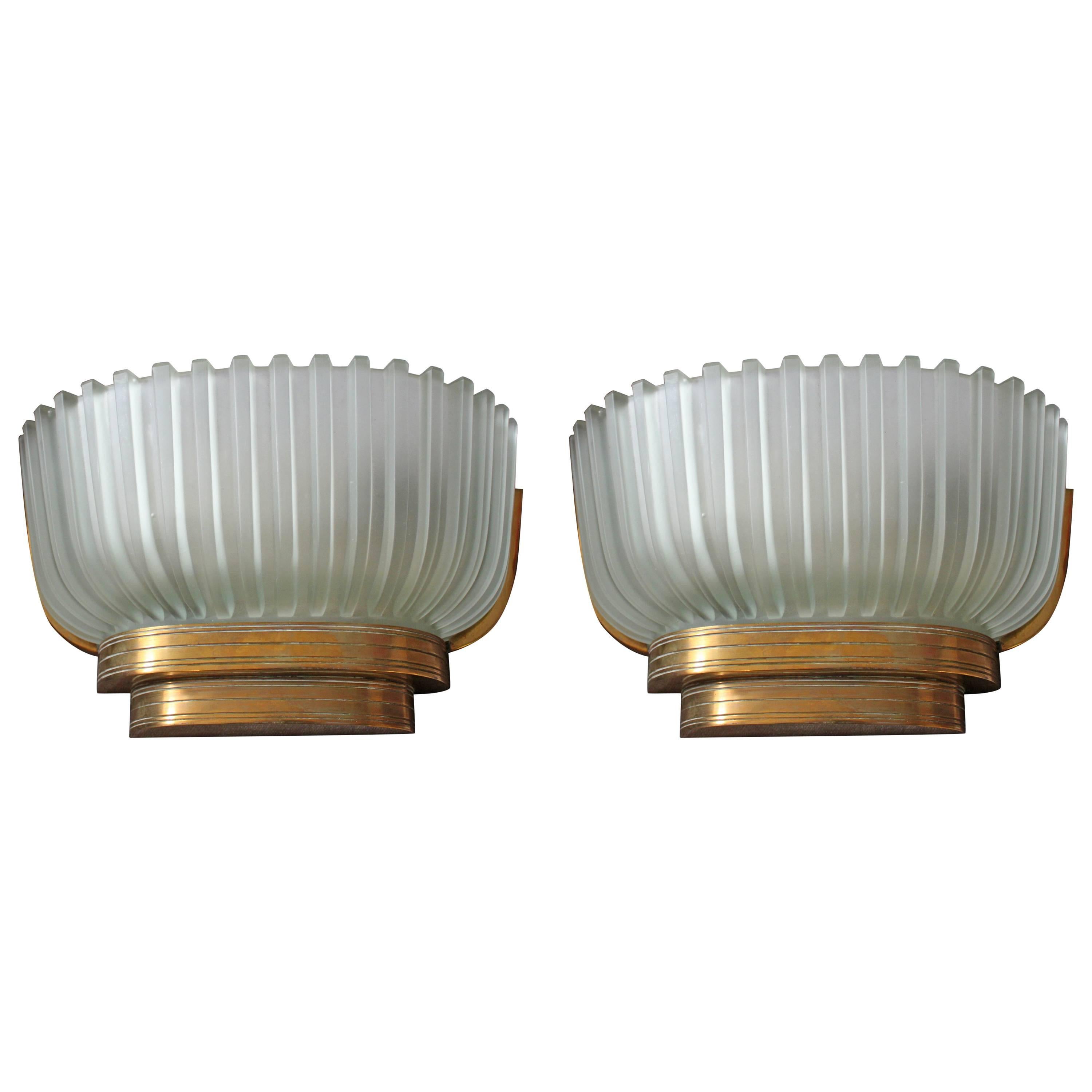 Pair of Glass and Brass Wall Lights, 1940s, Italian