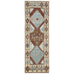 Turkish Oushak Runner with Shades of Brown, Yellow, Light Blue and Gray