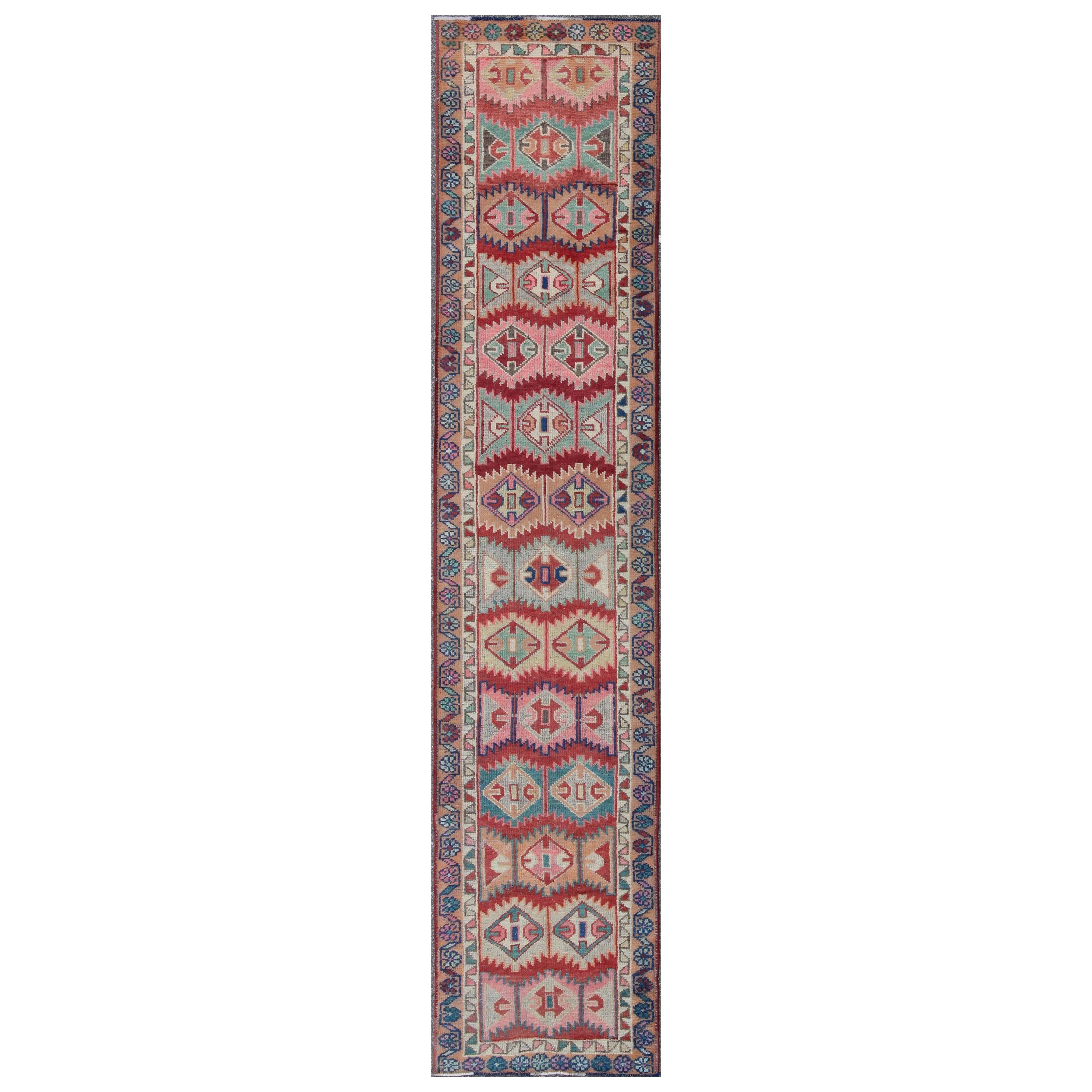 Unique and Colorful Turkish Oushak Runner with Intricate Geometric Pattern For Sale