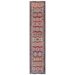 Unique and Colorful Turkish Oushak Runner with Intricate Geometric Pattern