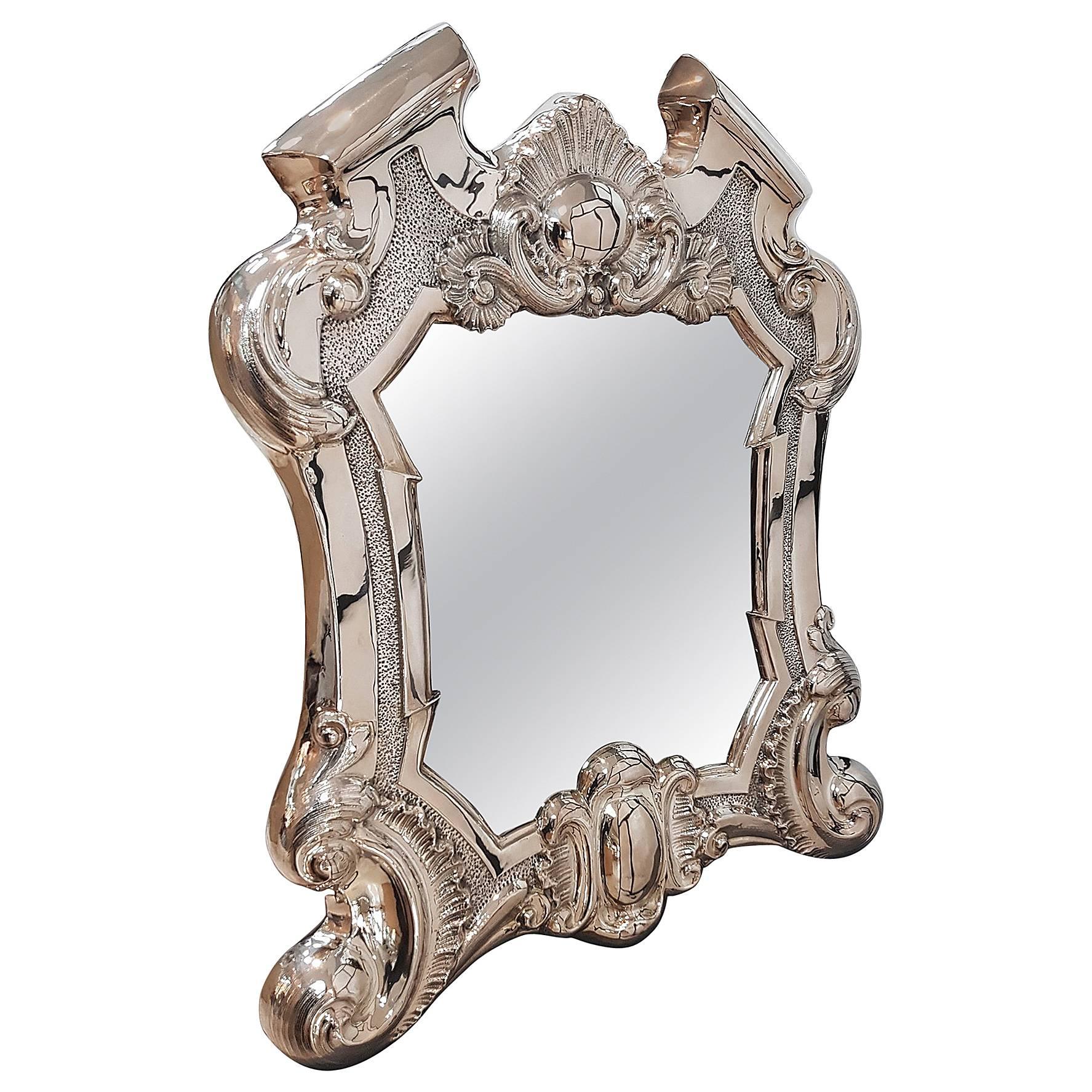 20th Century Italian Silver Baroque Revival Table Mirror,  Velvet Back  For Sale