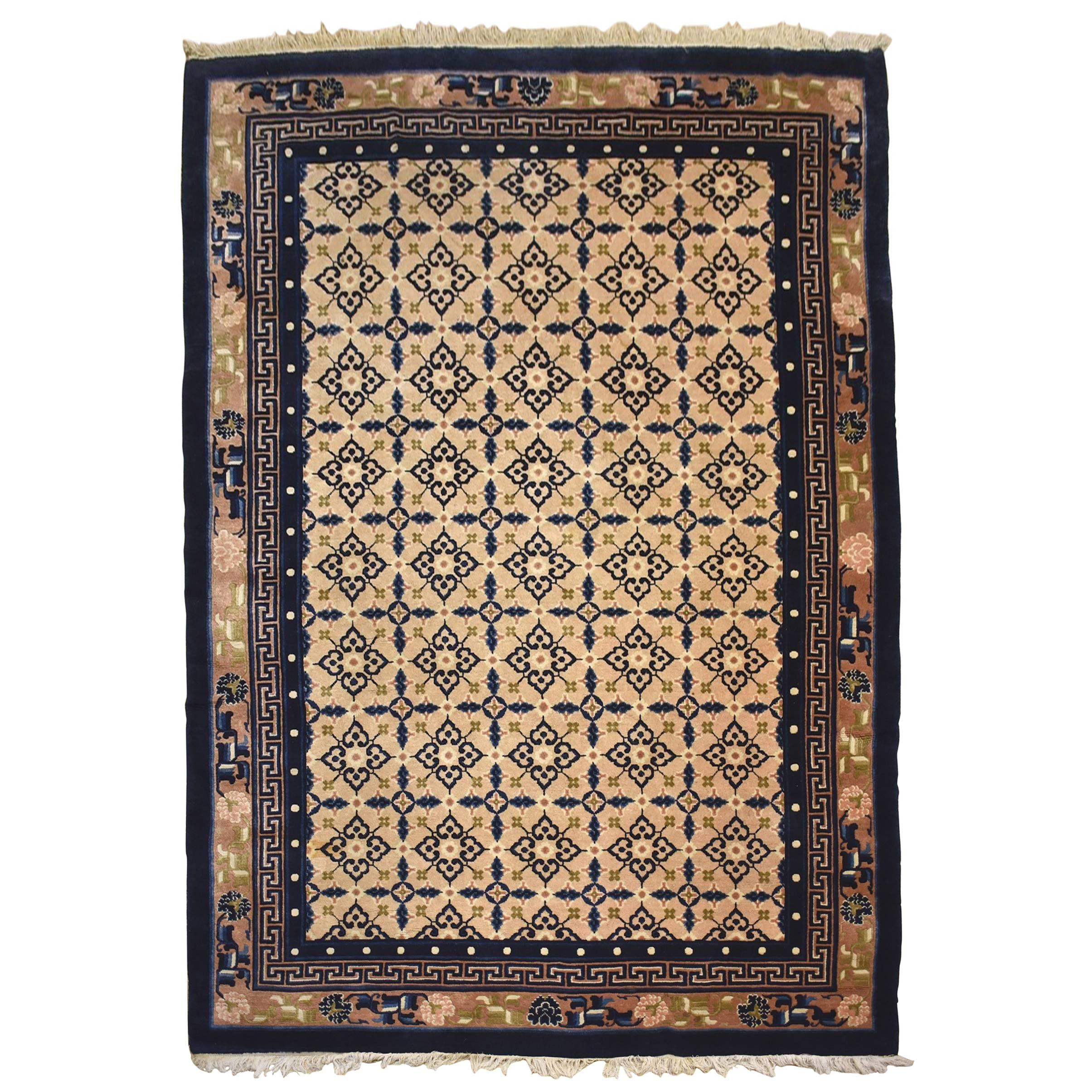 Chinese Oriental Hand Tied Rug, 10 ft by 6.8 ft,  Cream and Blue, Circa 1940s For Sale