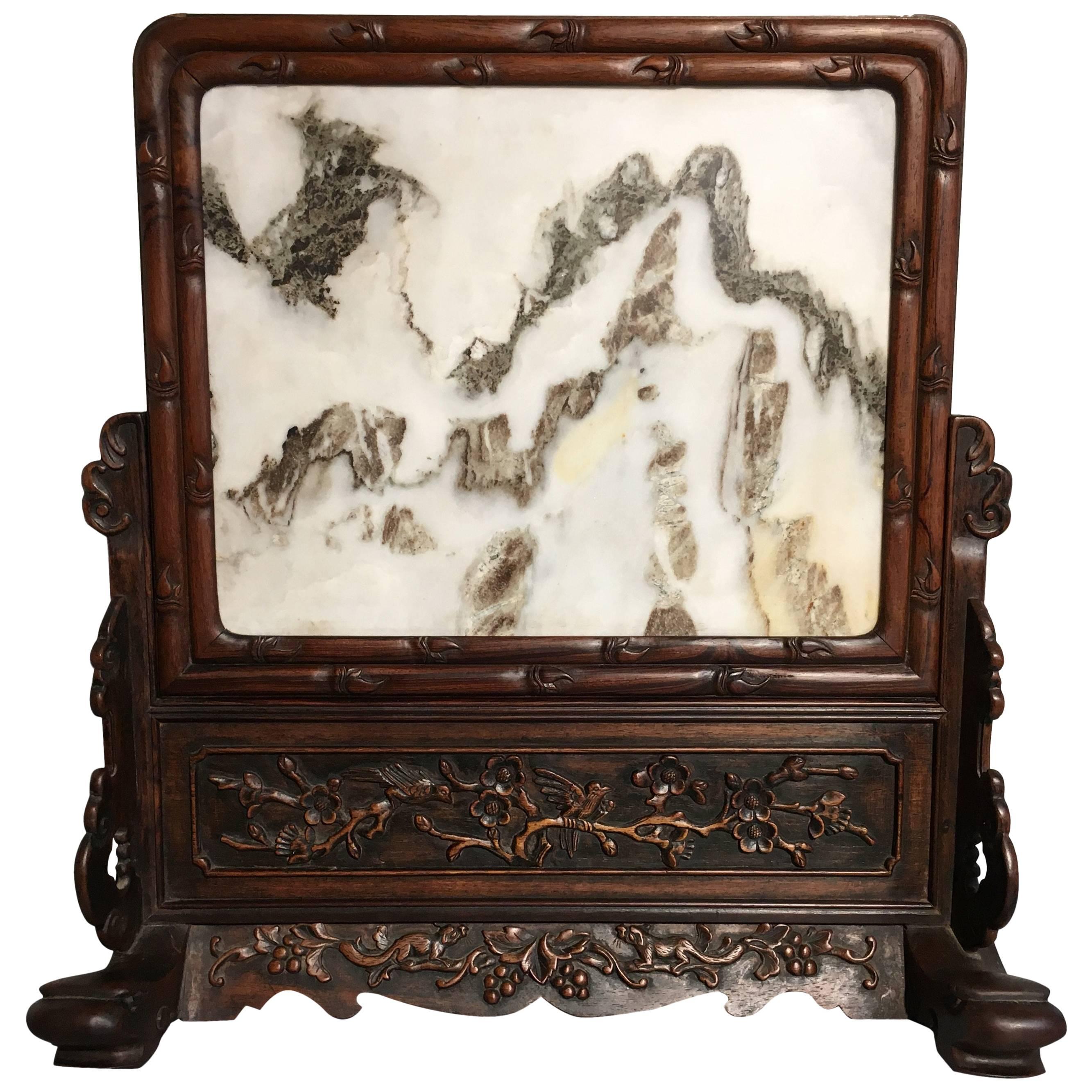 Chinese Dream Stone and Hardwood Table Screen, Republic Period