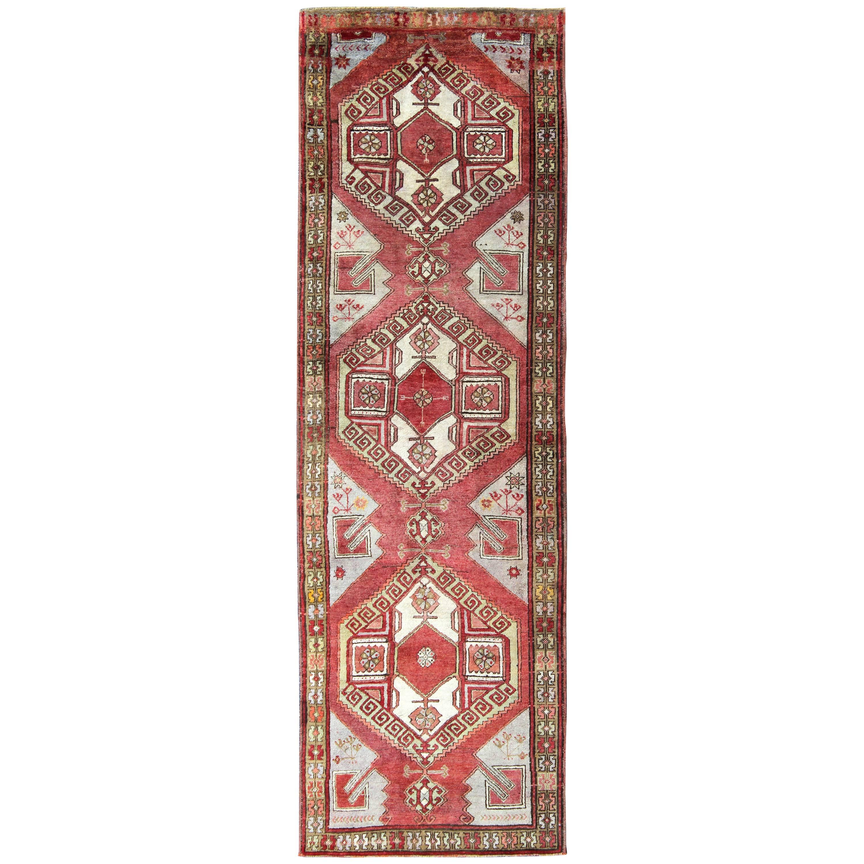 Vintage Turkish Oushak Runner with Geometric Design in Charcoal, Pink, L.Green For Sale at 1stDibs