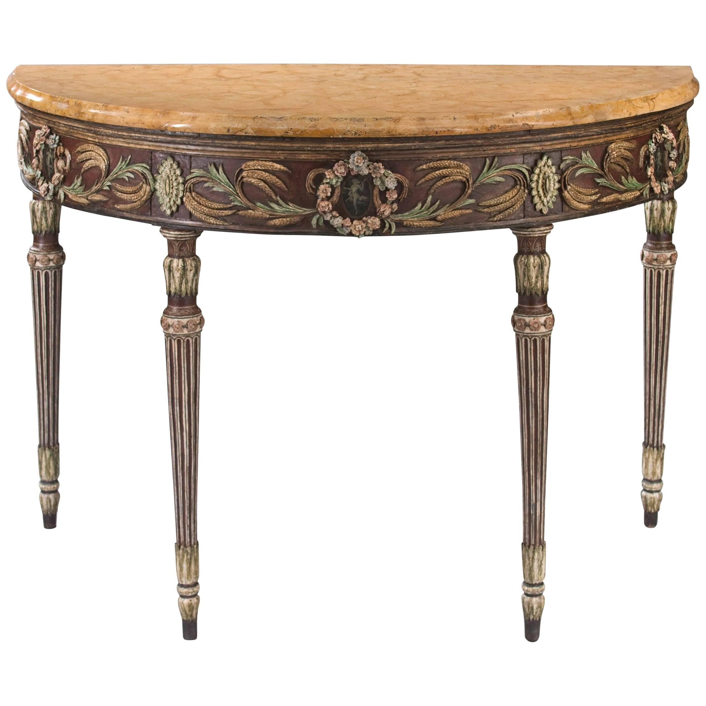 Venetian Neoclassical Demilune Console Table with a Giallo Sienna Marble Top