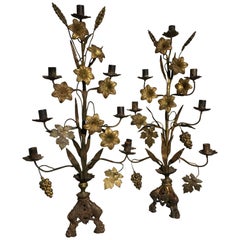 Pair of French Bronze and Brass Wheat and Grape Harvest Candelabra