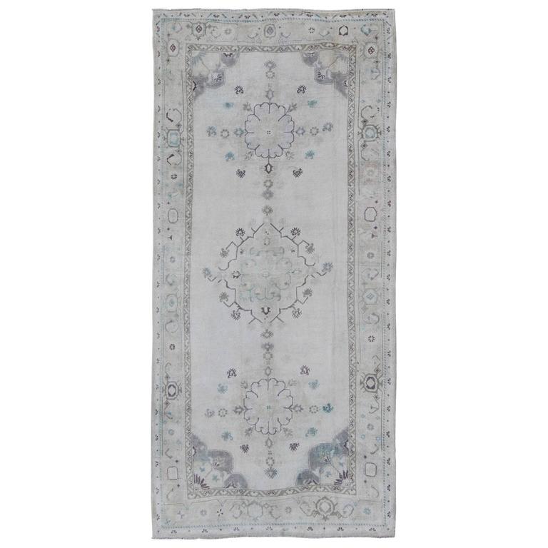 Turkish Oushak Rug with Botanical Design in Tones of Gray, Ivory and