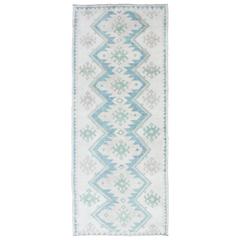 Turkish Tulu Runner with Seven Geometric Medallions in Muted Blue and Green