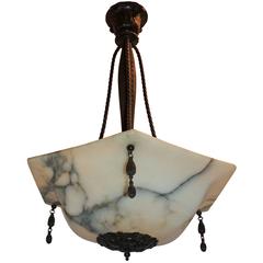 Wonderful French Art Deco Alabaster Patina Bronze Pendent Chandelier Fixture 7