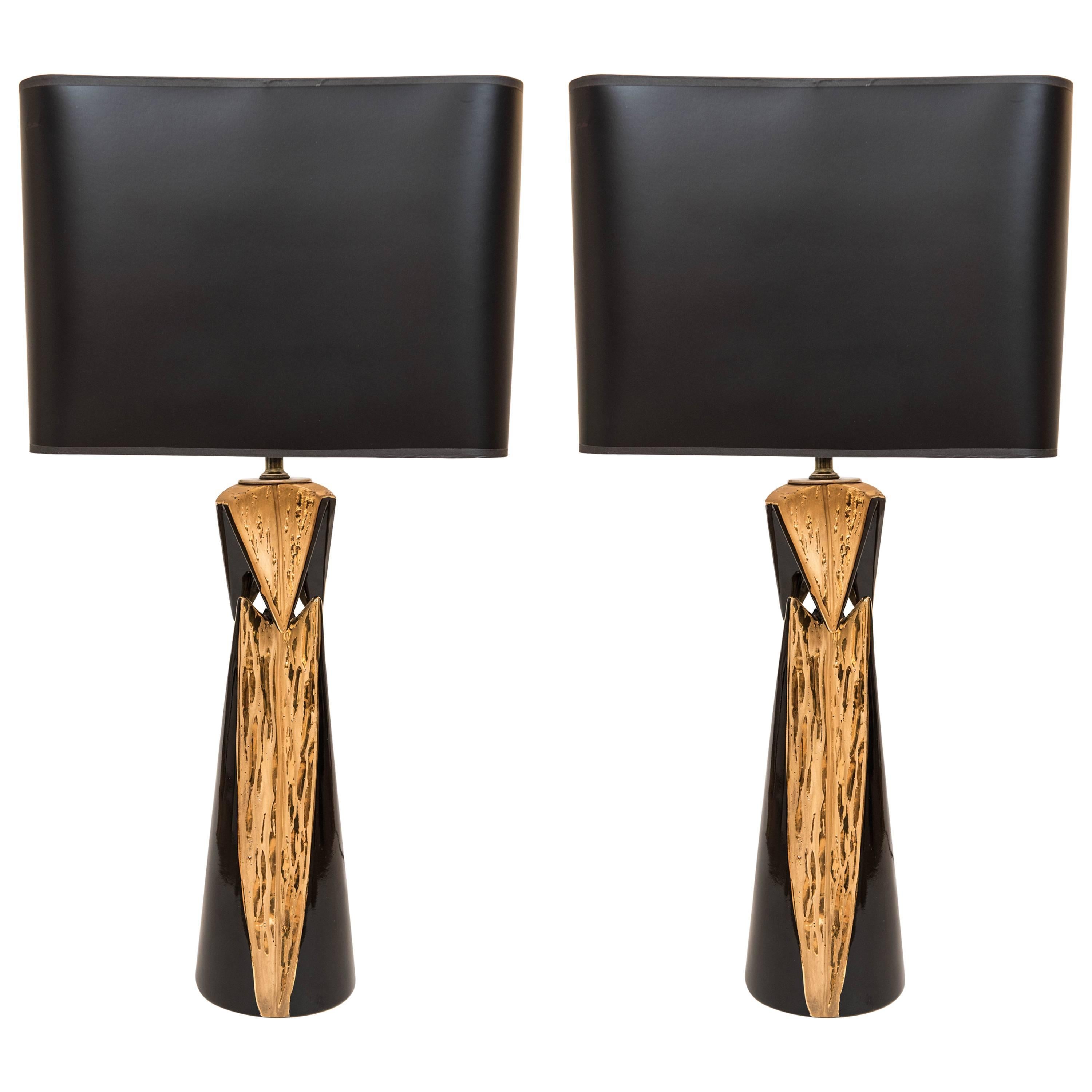 Vintage Pair of Black and Gold Hollywood Regency Table Lamps