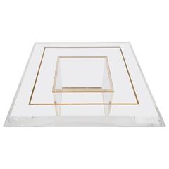 Large Custom Acrylic Square Coffee Table with Brass Details