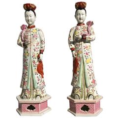 Antique Pair of Chinese Export Porcelain Famille Rose Nodding Ladies, 19th Century