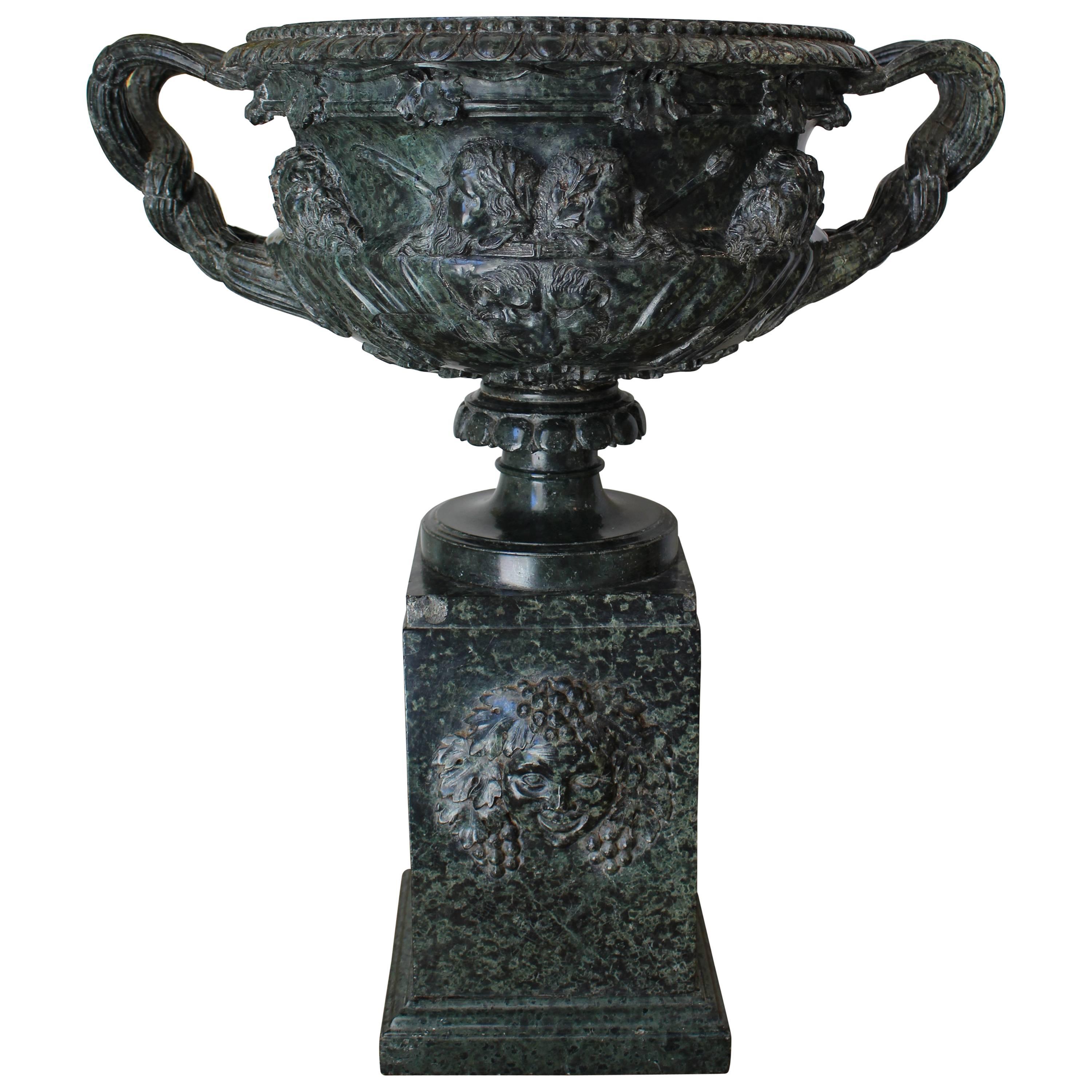 19th century Grand Tour Green Marble Tazza Vase with Classical Carved Details For Sale