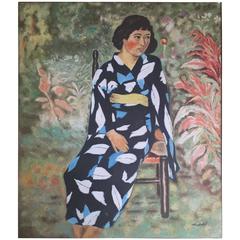 Vintage Japan Inviting Lady in Blue & Black Kimono Seated in Garden, Oil Painting, 1930