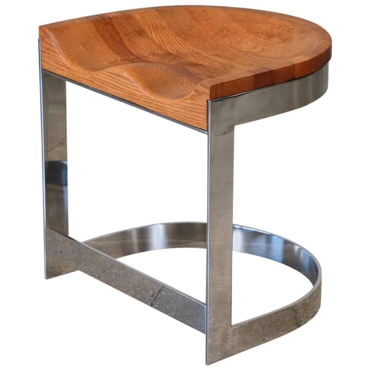 Oak and Chrome Stool by Warren Bacon For Sale