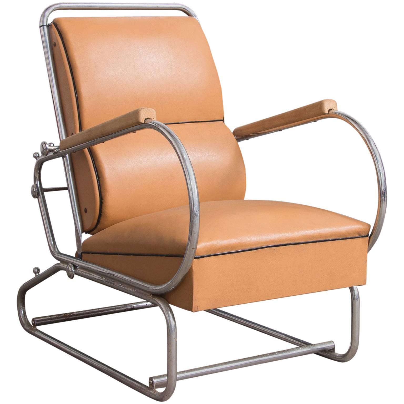 Adjustable Tubular Easy Chair in Original Leather + Wooden Armrests, circa 1930