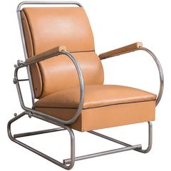 Adjustable Tubular Easy Chair in Original Leather + Wooden Armrests, circa 1930 11