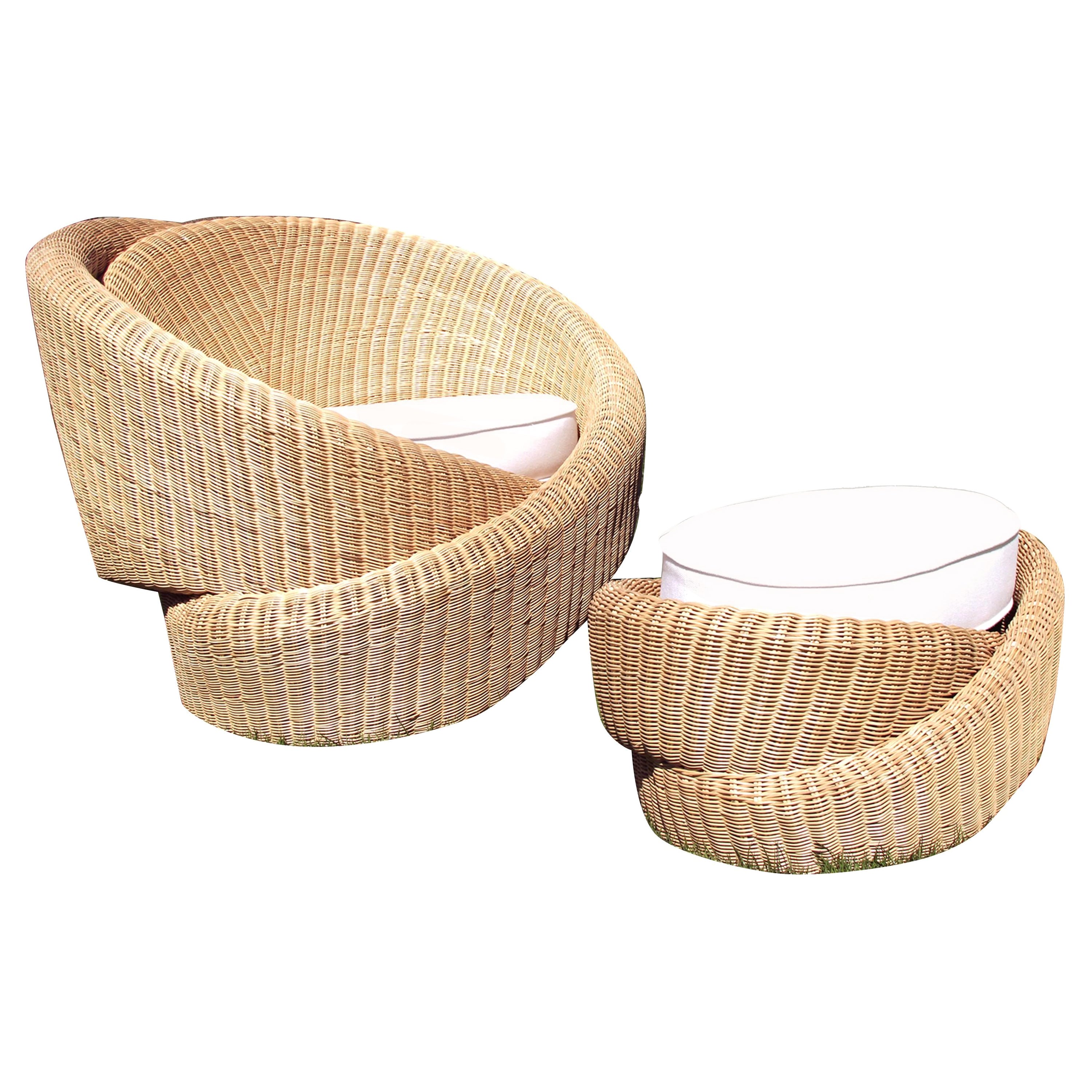 Looped Rattan Indoor-Outdoor Armchair and Footrest/Ottoman, Cushion  For Sale