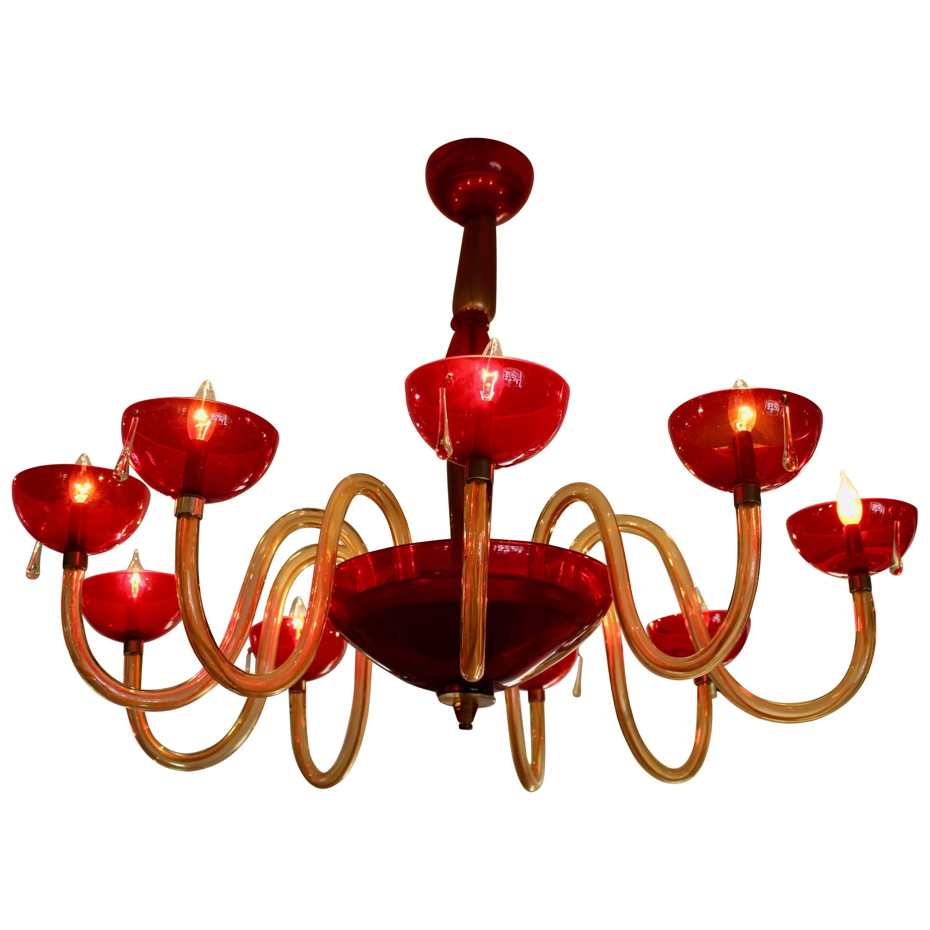 Vintage Italian 1970s Ruby Gold and Colorless Murano Glass Nine-Light Chandelier For Sale