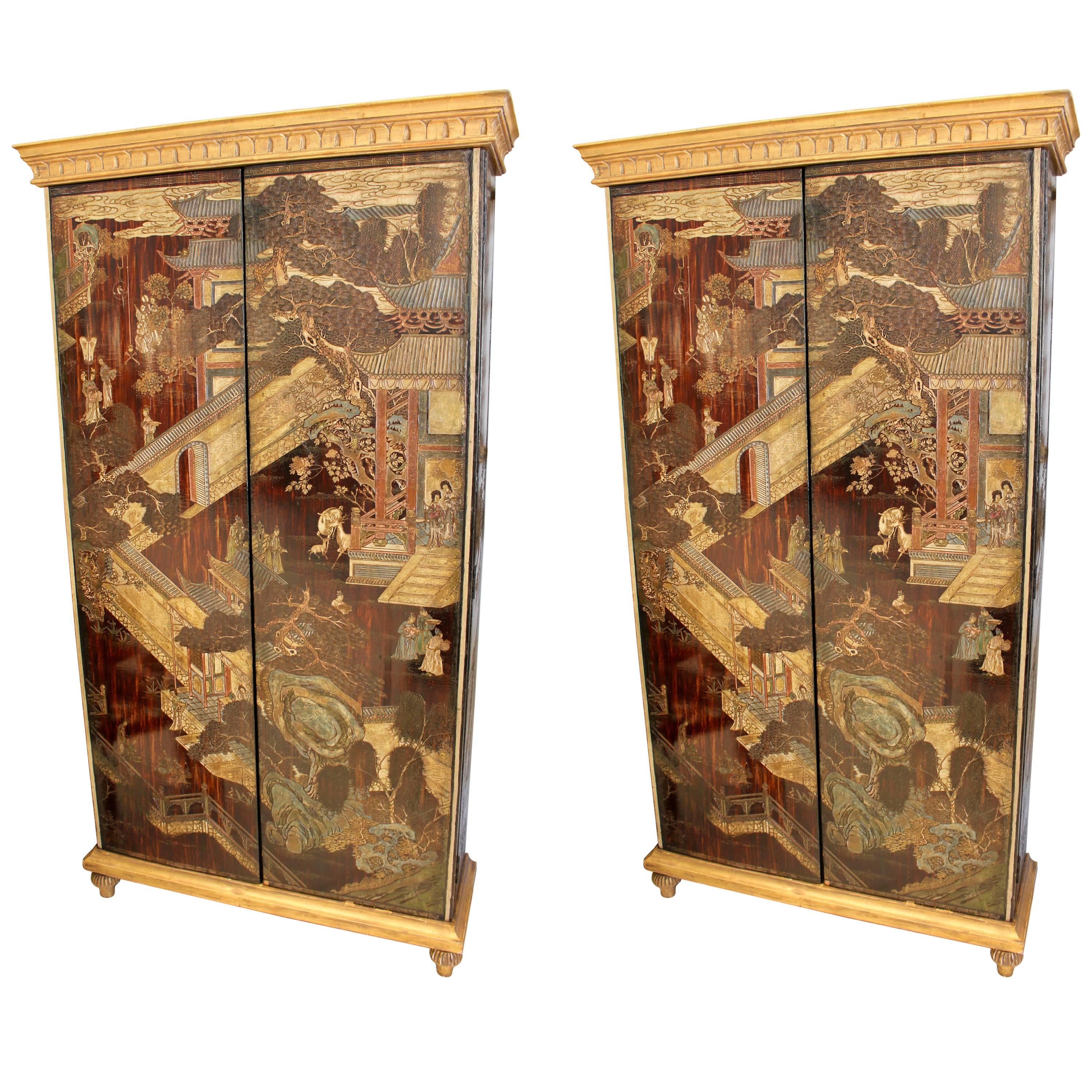 Pair of Chinese Carved Coromandel and Parcel-Gilt Cupboards