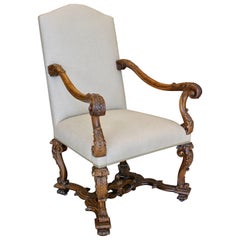 Baroque Style Mid 19th Century Carved Walnut Armchair with Scrolled Motifs