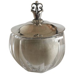 Georg Jensen Body Powder Puff #172 in Crystal Jar with Sterling Silver Lid #172