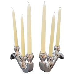 20th Century Italian Sterling Silver Modern 3 Light Candelabras.