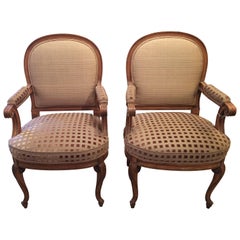 Vintage Pair of Stylishly Upholstered Carved Walnut French Armchairs