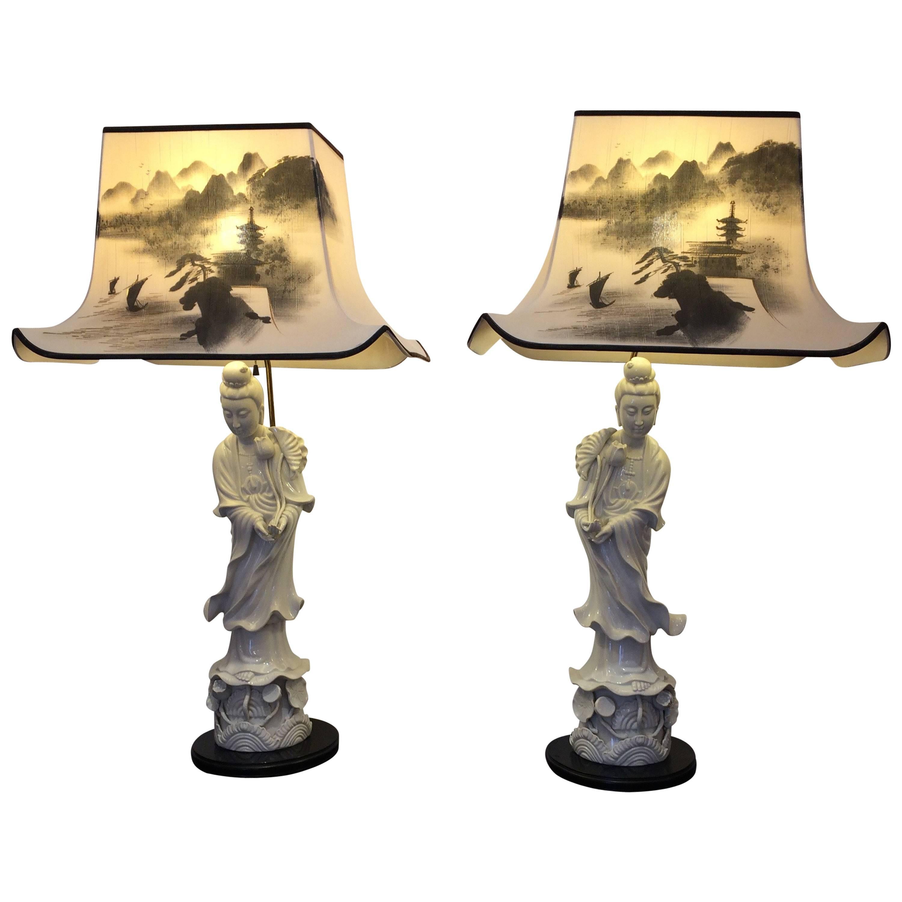 Pair of Magnificent Kwan Yin Figural Blanc De Chine Lamps