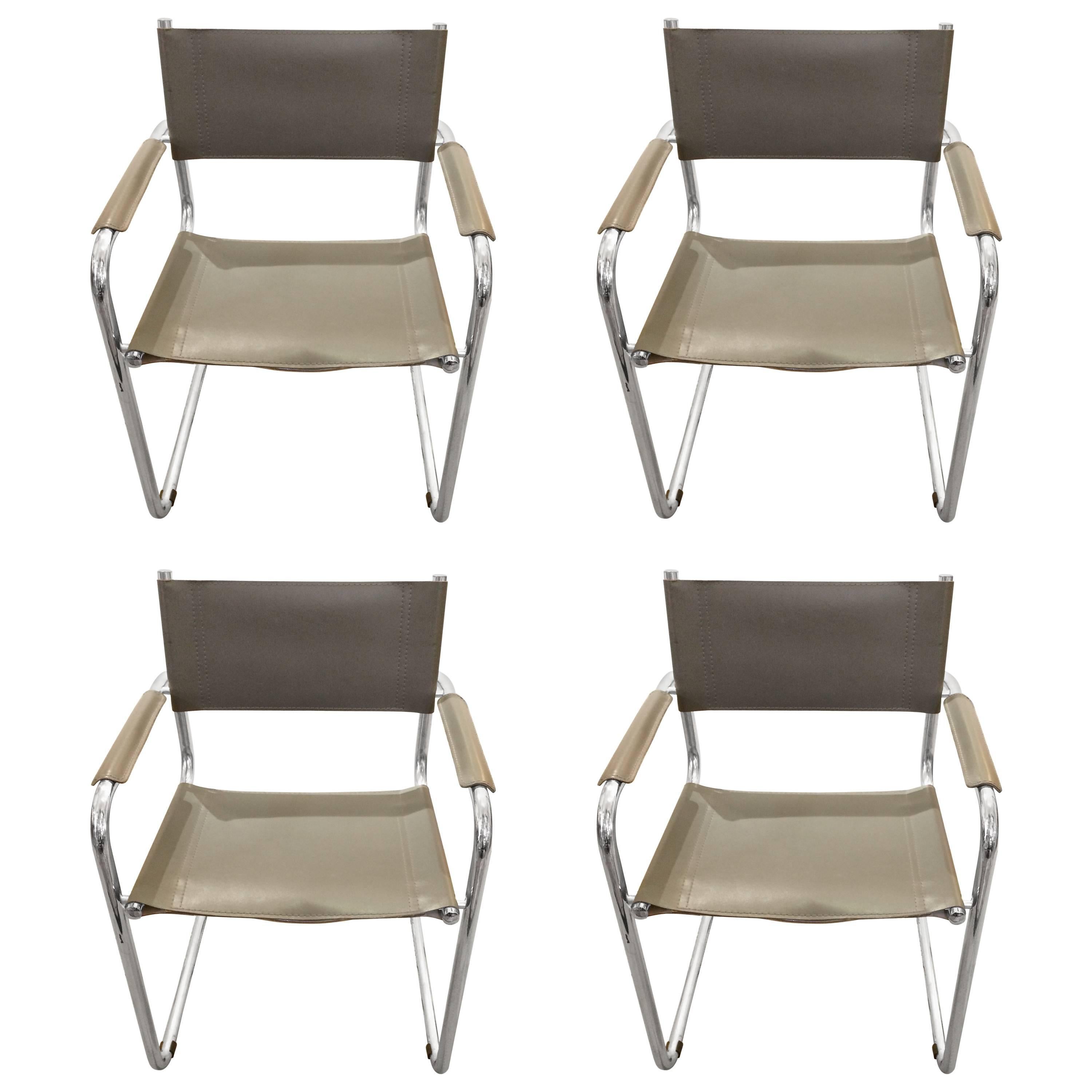 Set of Four Mid-Century Modern Grey Leather and Chrome Dining Armchairs