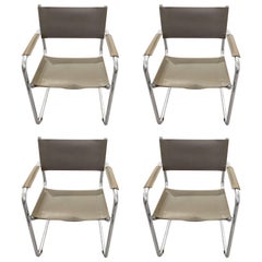Set of Four Mid-Century Modern Grey Leather and Chrome Dining Armchairs
