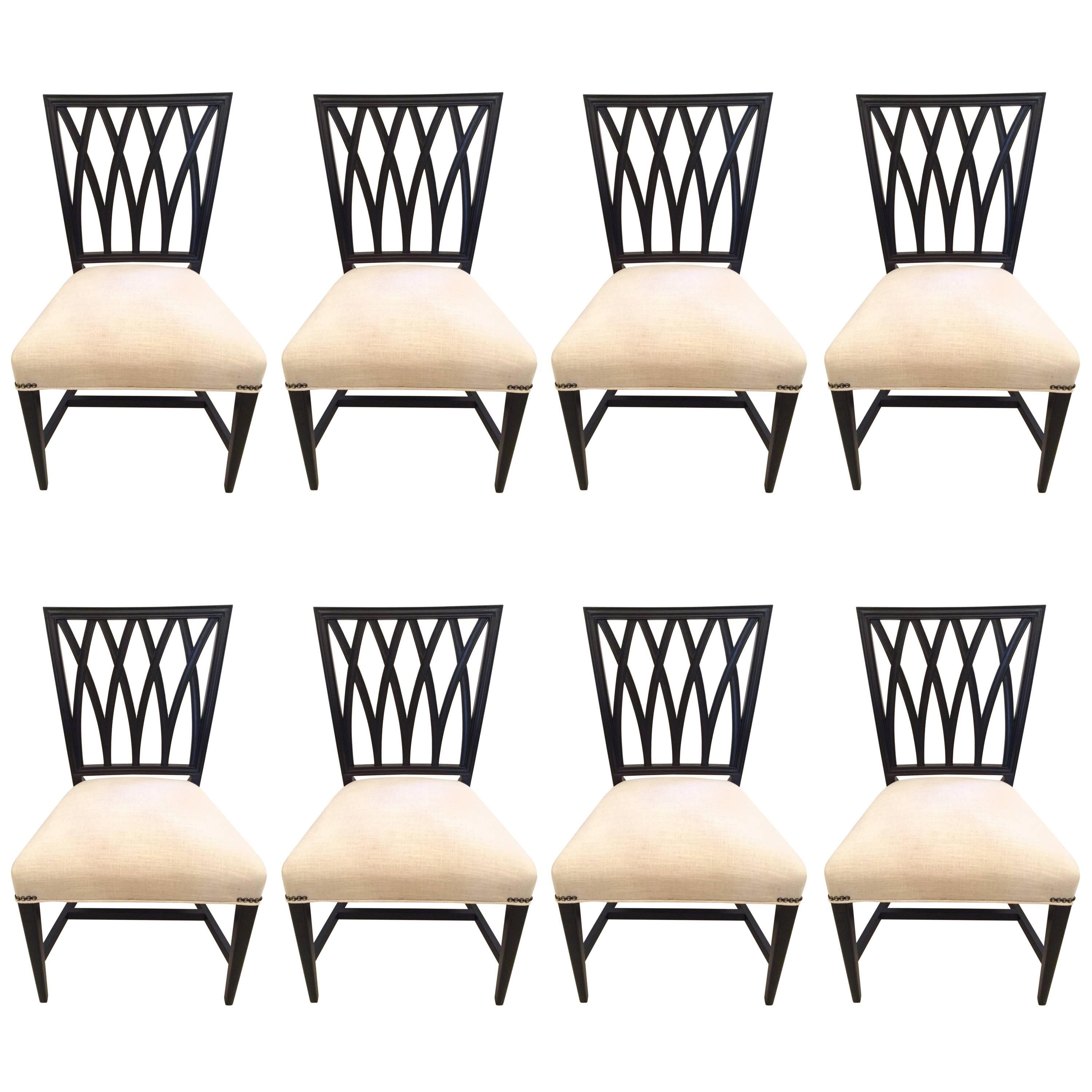 Classic Set of Eight Ebonized Regency Style Mahogany Dining Chairs