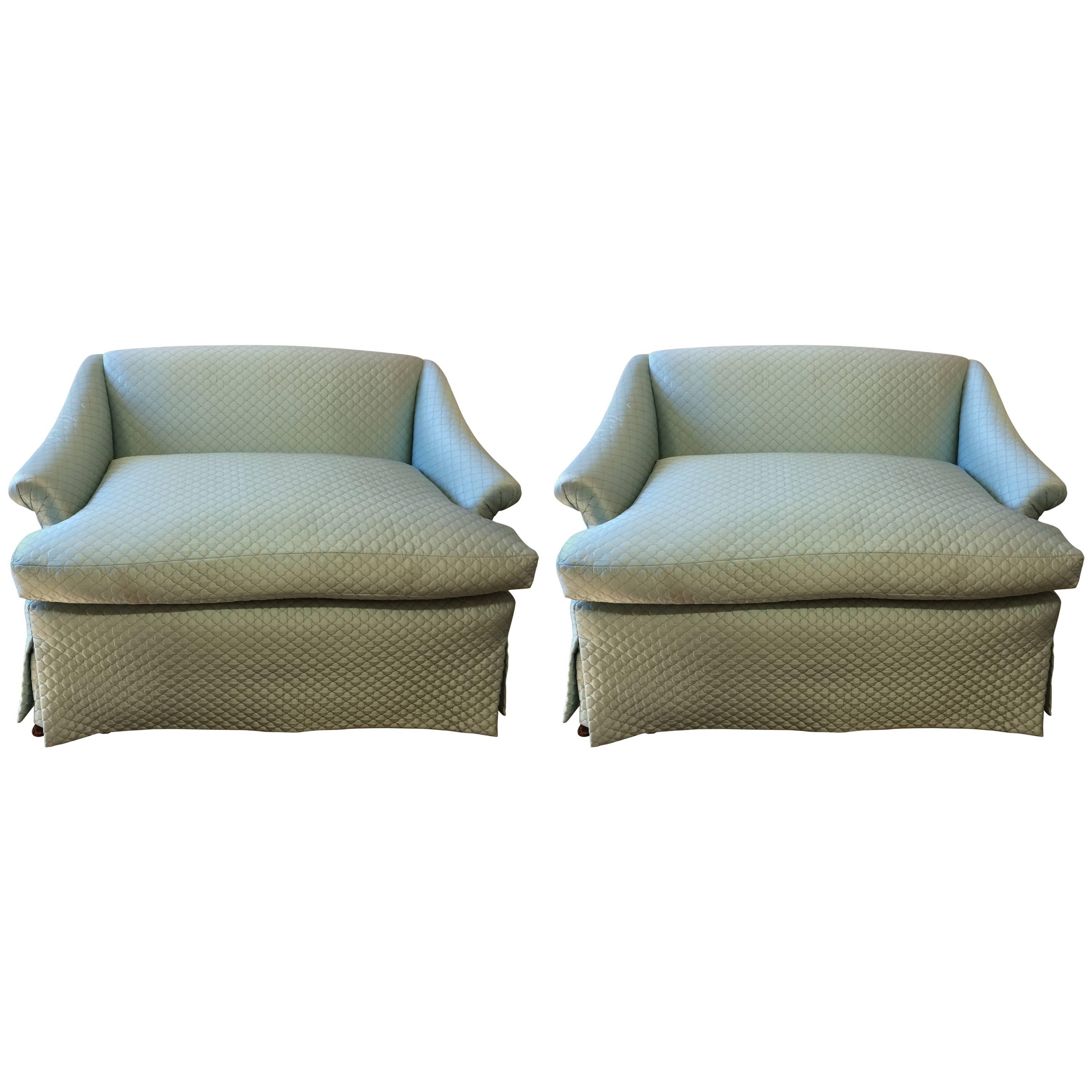 Movie Star Glam Pair of Tiffany Blue Silk Quilted Antique Loveseats Settees