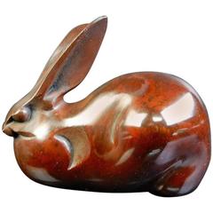 Japan Fine Antique Big Eared Hand Cast Bronze Rabbit, Signed, Mint & Boxed