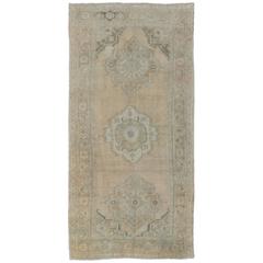 Vintage Turkish Oushak Rug with Three Central Medallions in Taupe and Light Blue 12