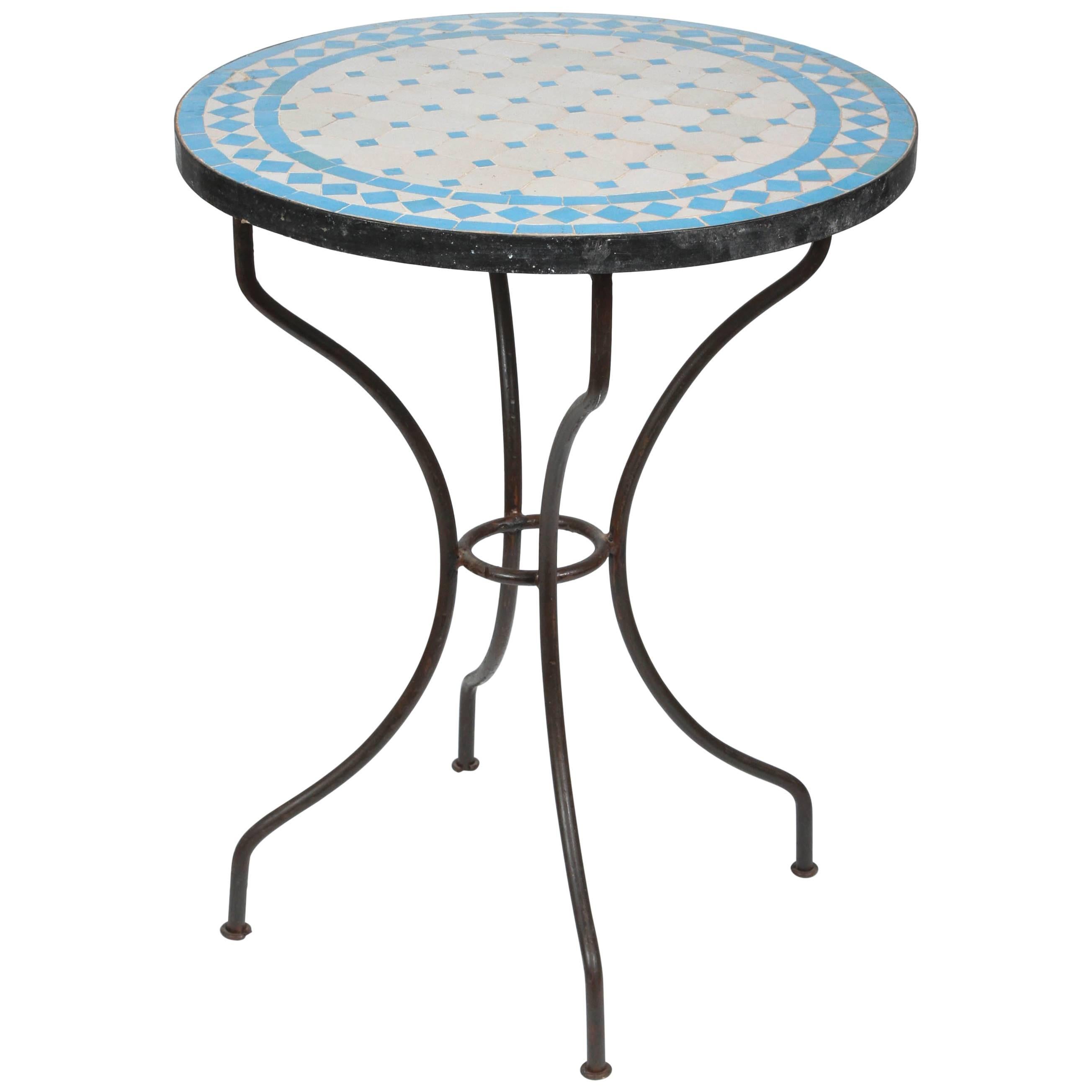 Moroccan Mosaic Blue Tile Bistro Table on Iron Base