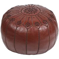 Hand-Tooled Moroccan Brown Color Leather Pouf
