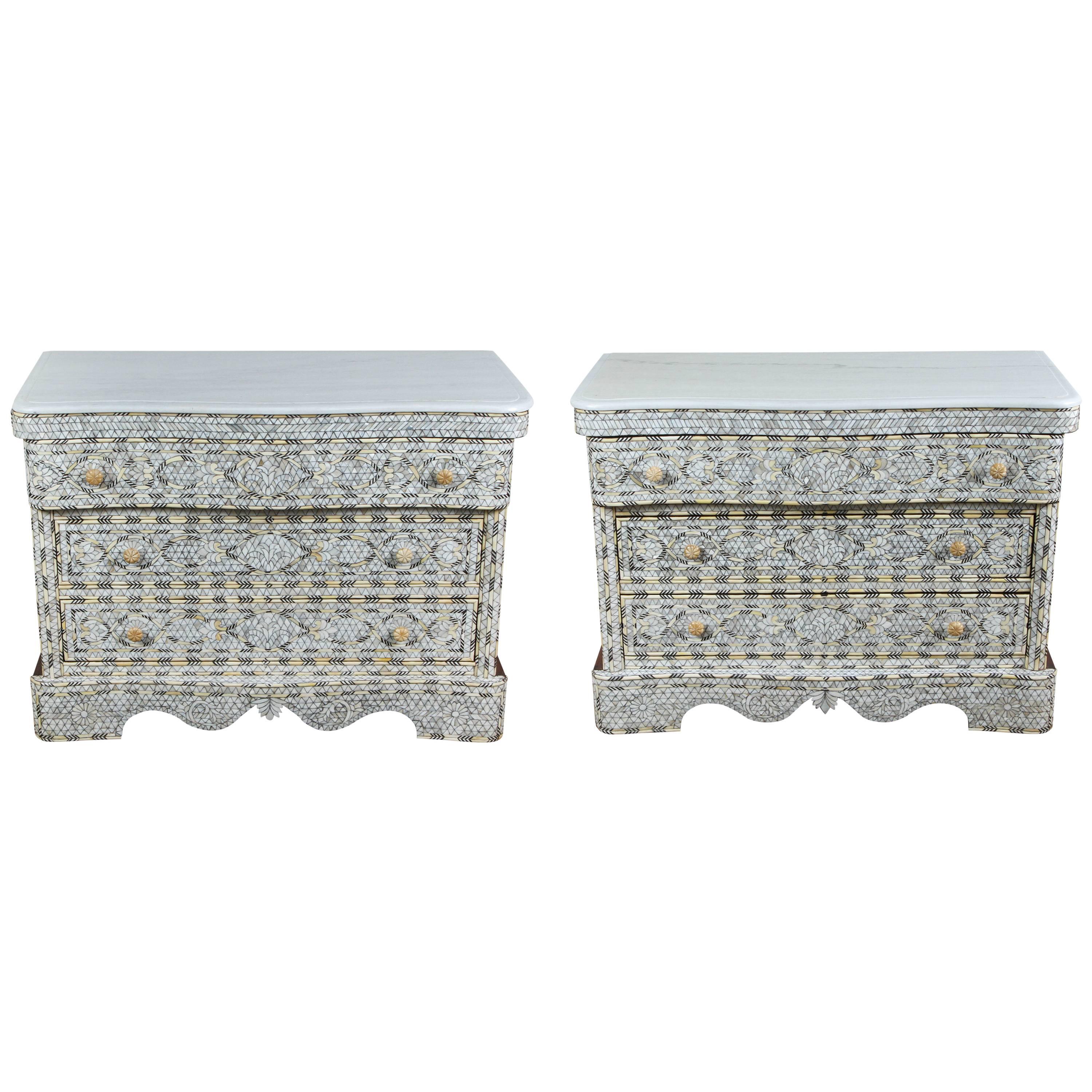 Pair of Syrian White Mother of Pearl Inlay Wedding Dressers
