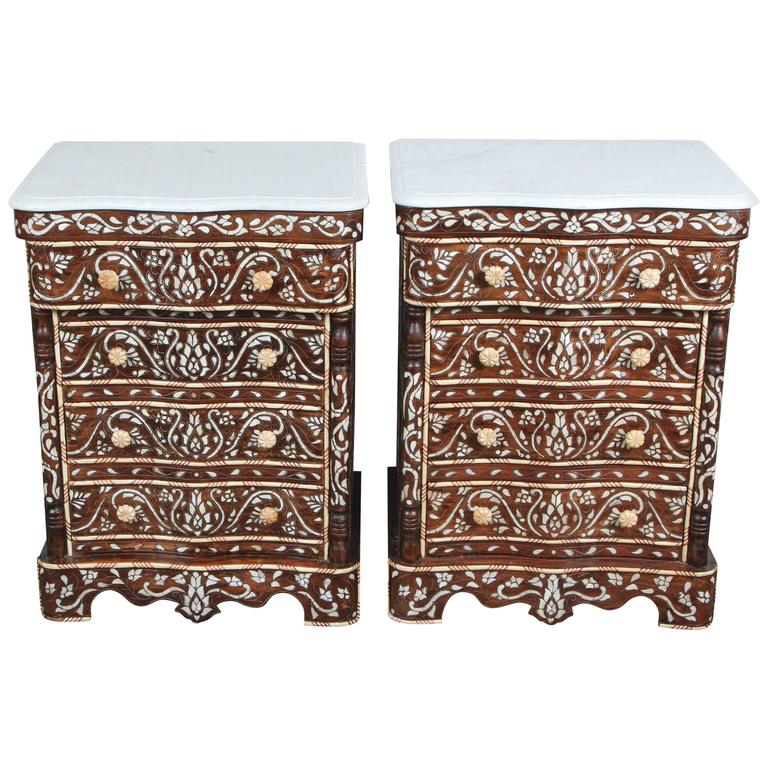 Pair Of Syrian Mother Pearl Inlay Nightstands For At 1stdibs Pair Of Syrian Mother Pearl Inlay Nightstands For