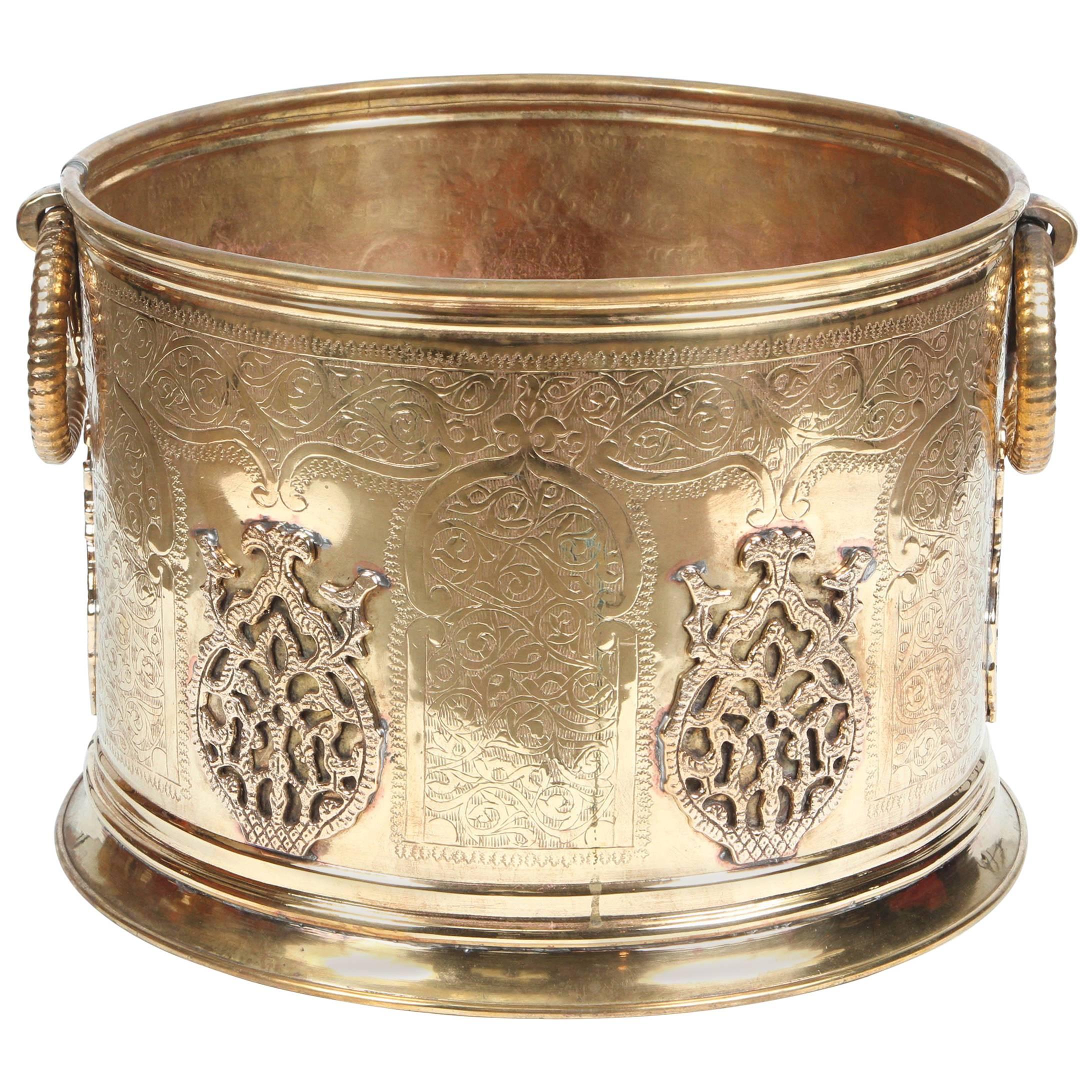 Large Moroccan Moorish Polished Brass Planter Cachepot For Sale