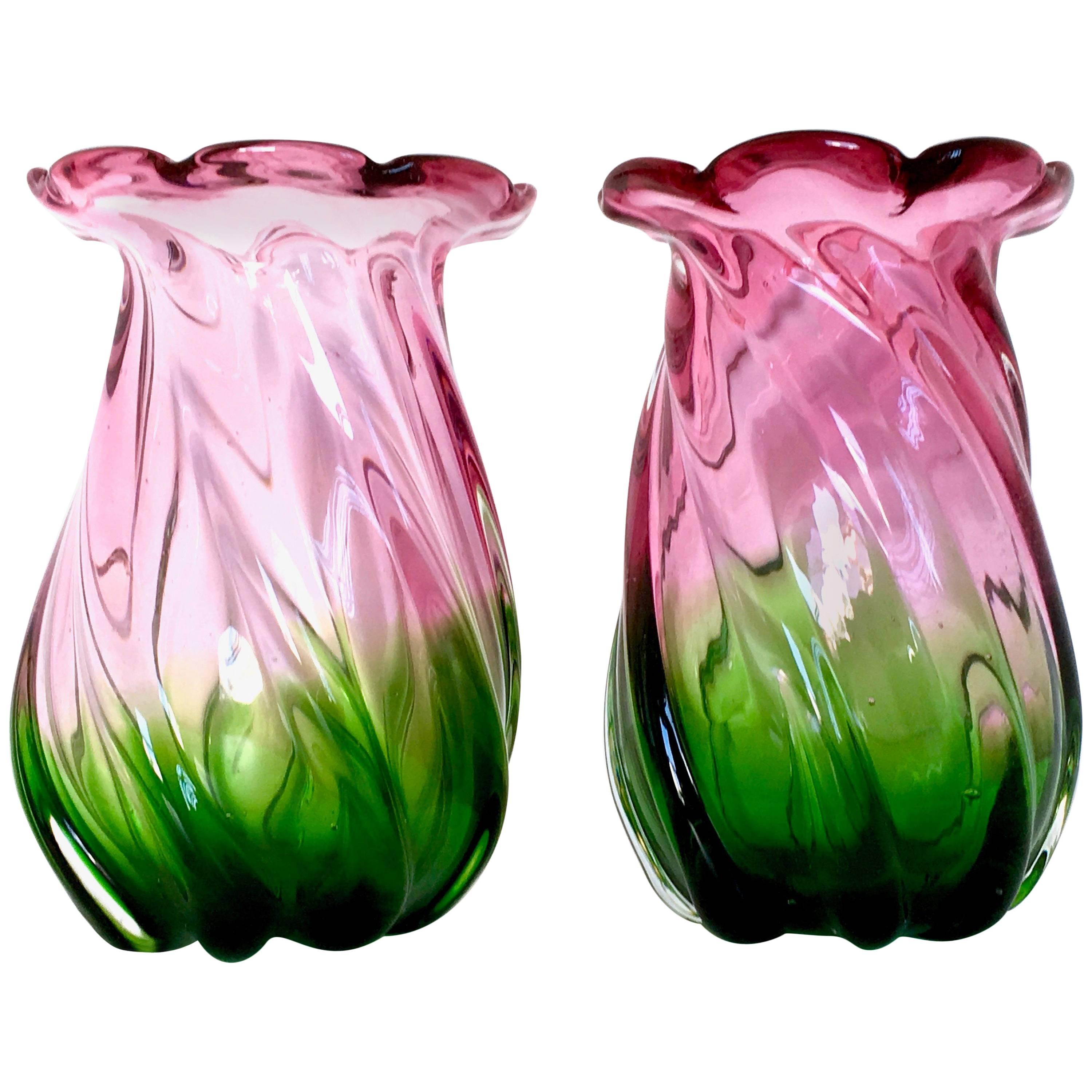 Pair of Murano Glass Vases Ascribable to Vetreria Toso, Italy, 1950s